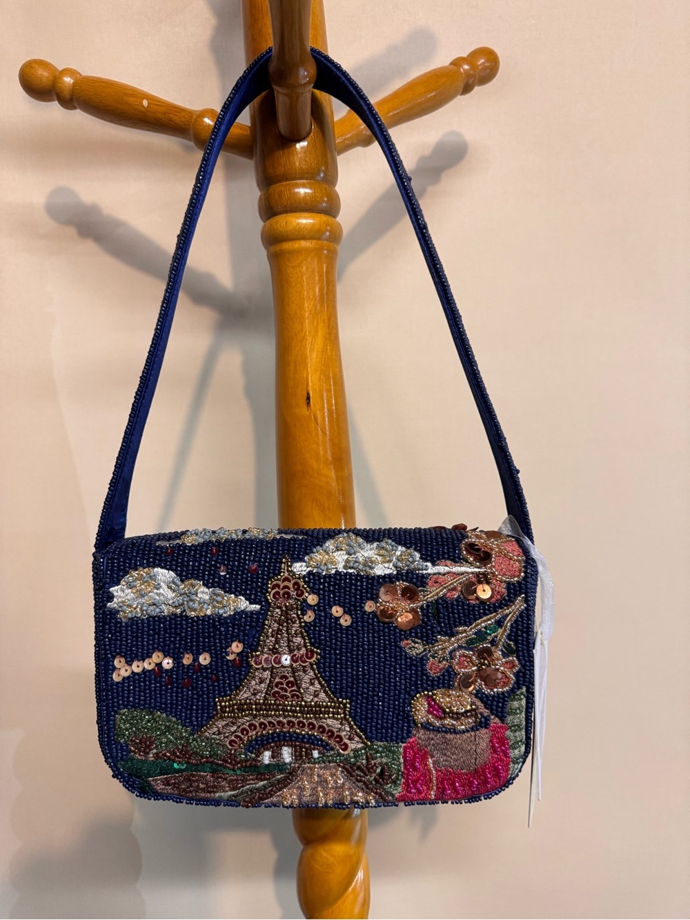 From India to You Beaded Navy Paris Eiffel Tower Scene Shoulder Bag NWT